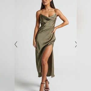 SHOWPO Nylah Cowl Neck Double Strap Asymmetrical Dark Olive Satin Dress